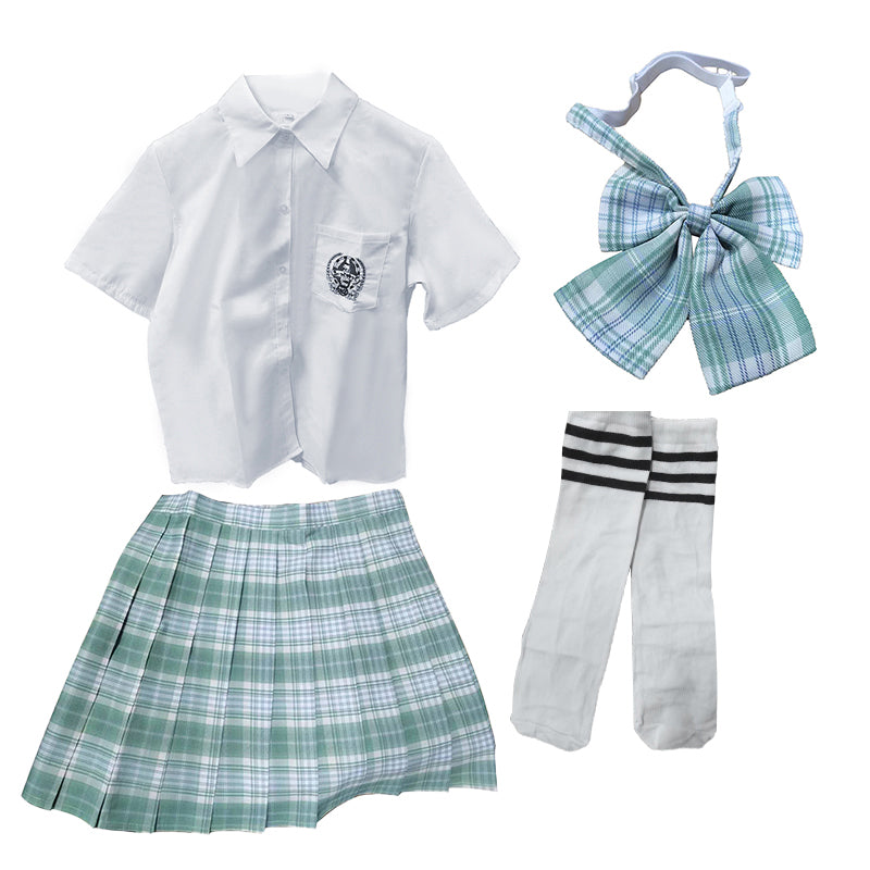 Light Green JK School Uniform Set - Pleated Skirt, White Shirt, Tie, and Socks for Girls