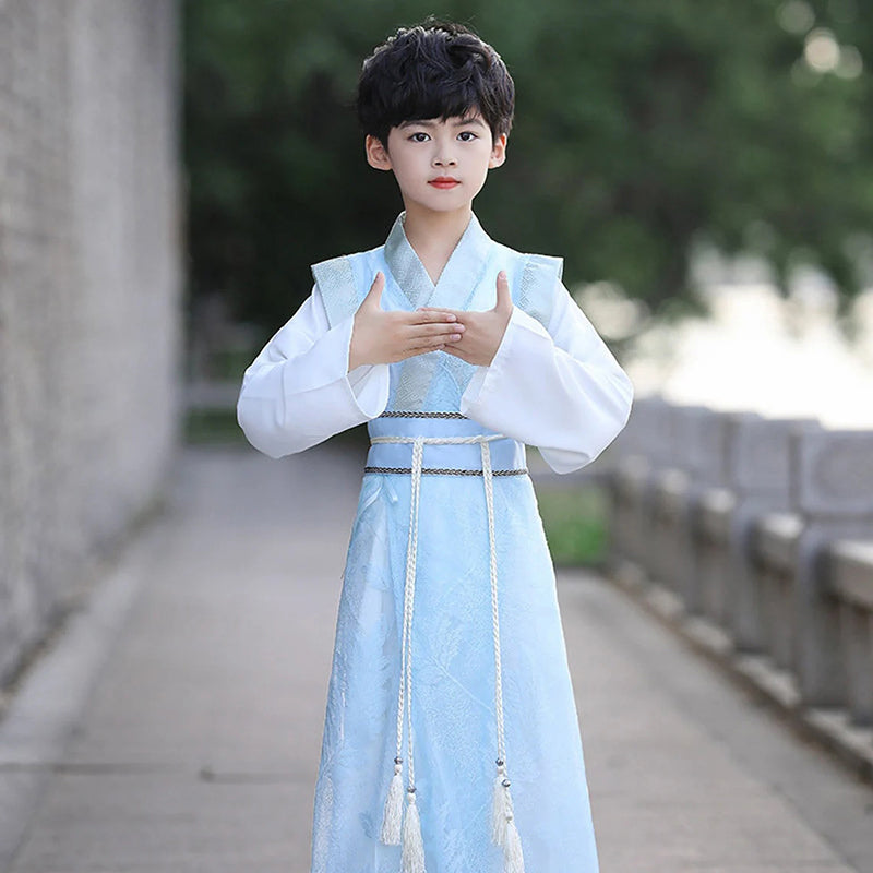 oys Ancient Chinese Hanfu Costume - Traditional Kids Summer Robe in Light Blue