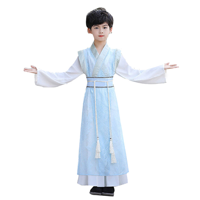 oys Ancient Chinese Hanfu Costume - Traditional Kids Summer Robe in Light Blue