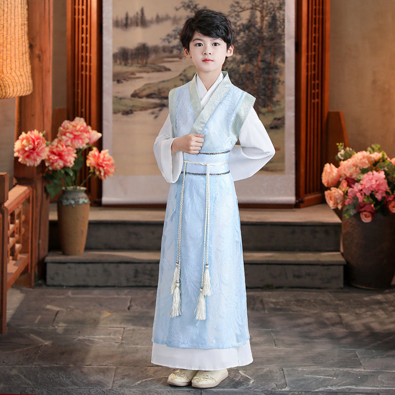 oys Ancient Chinese Hanfu Costume - Traditional Kids Summer Robe in Light Blue