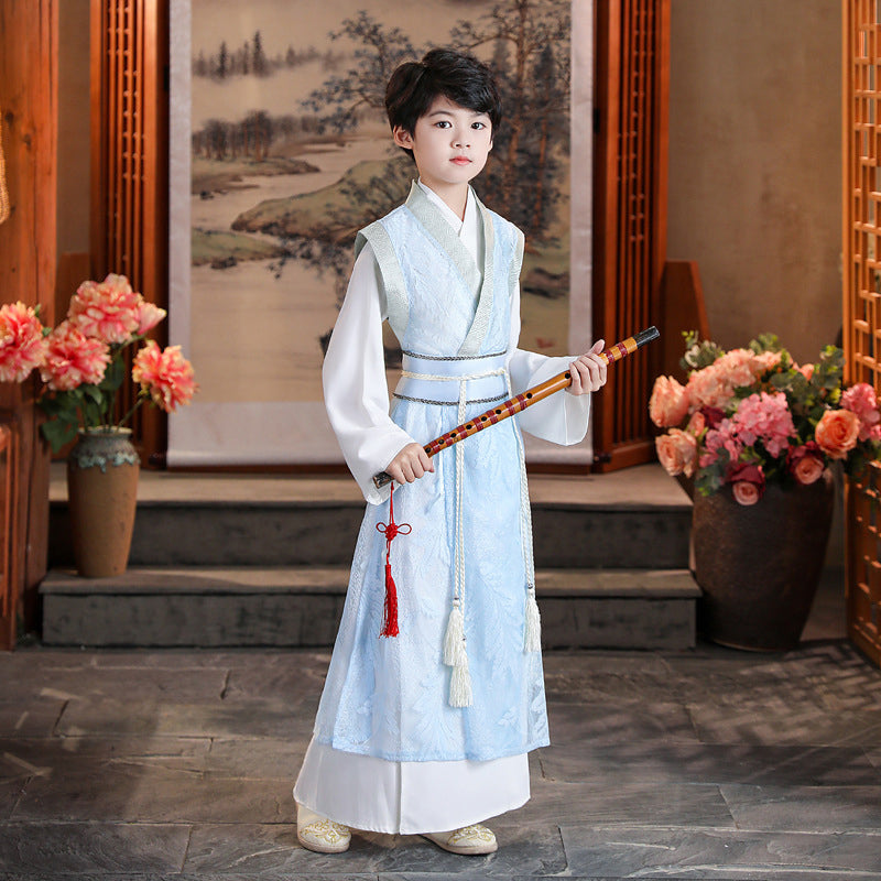 oys Ancient Chinese Hanfu Costume - Traditional Kids Summer Robe in Light Blue