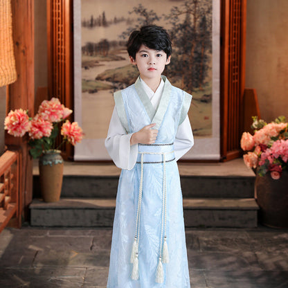 oys Ancient Chinese Hanfu Costume - Traditional Kids Summer Robe in Light Blue