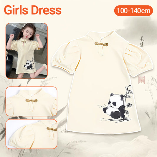 Girls Animal Print Dress Panda Design Traditional Chinese Outfit