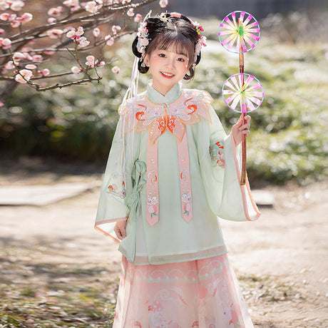 Pastel Floral Hanfu for Kids - Traditional Chinese Dress with Butterfly Embellishments