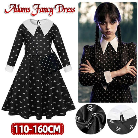 Wednesday Addams Cosplay Flower Print Dress - Girls Halloween Costume