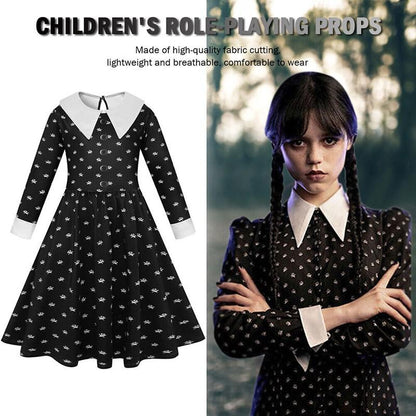 Wednesday Addams Cosplay Flower Print Dress - Girls Halloween Costume