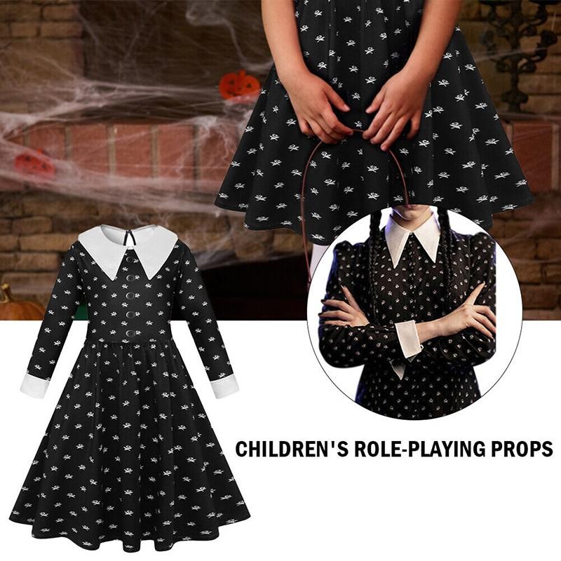 Wednesday Addams Cosplay Flower Print Dress - Girls Halloween Costume