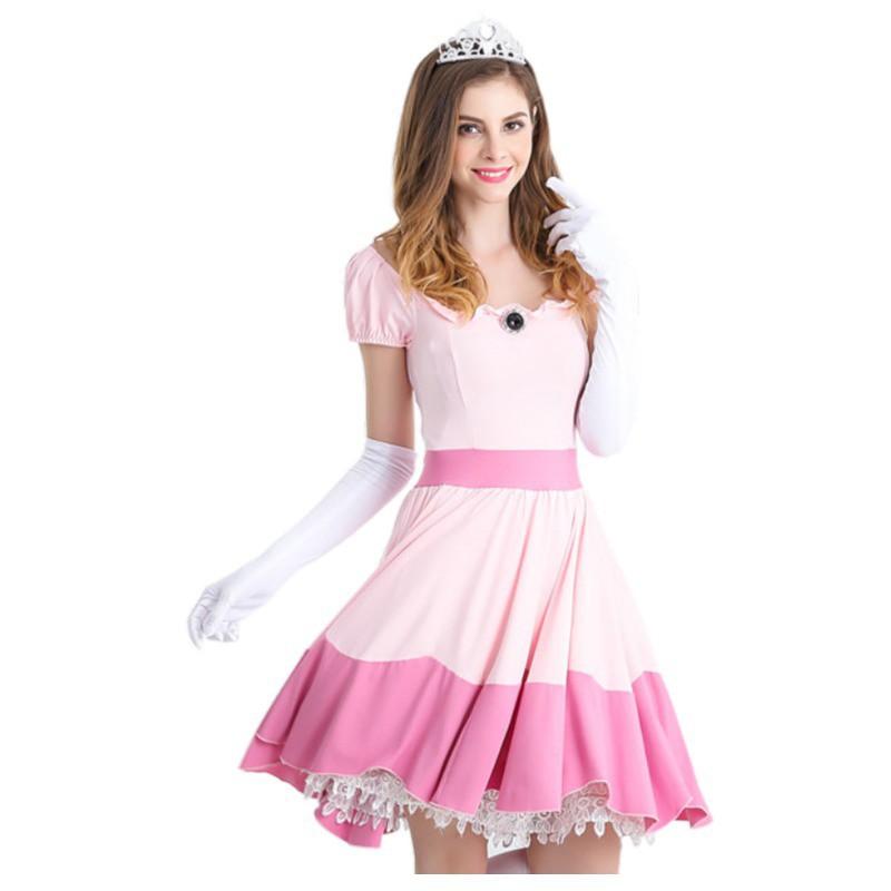 Princess Peach Outfit with Pink Dress, Crown Headband, and Gloves