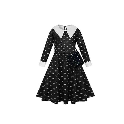 Wednesday Addams Cosplay Flower Print Dress - Girls Halloween Costume