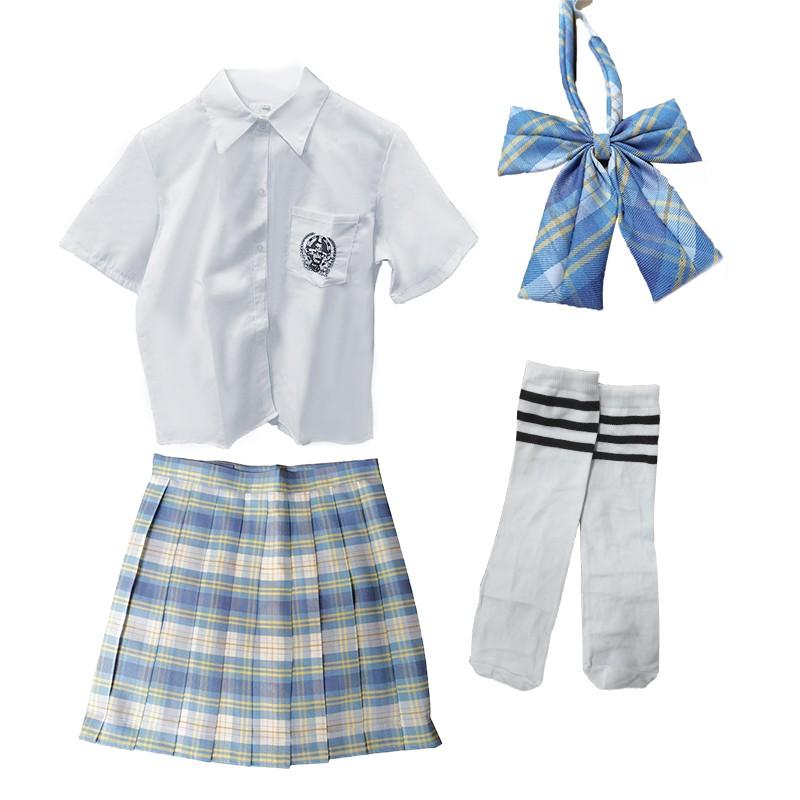 Slate Blue Plaid JK Uniform Set with White Shirt and Socks