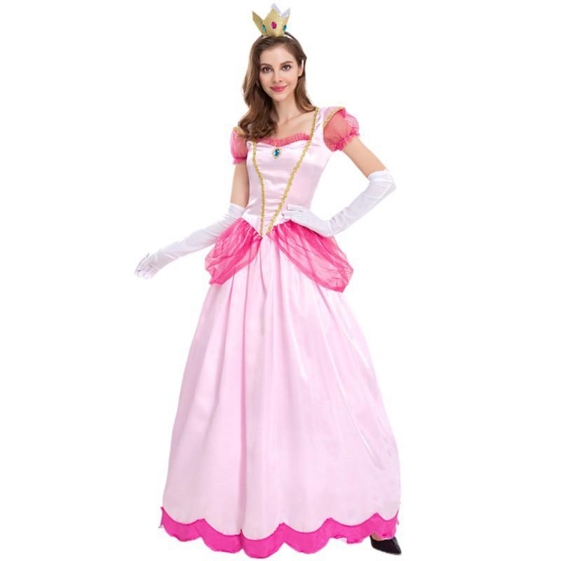Adult Princess Toadstool Costume with Pink Dress, Crown Headband, and Gloves
