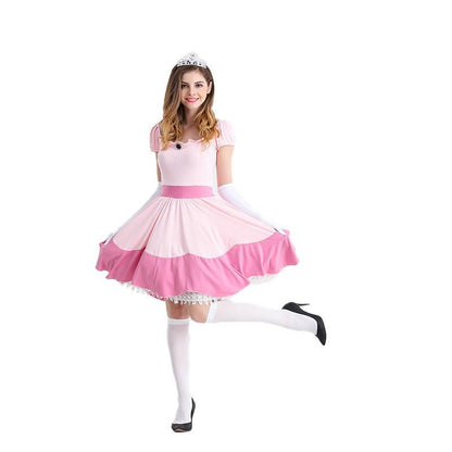 Princess Peach Outfit with Pink Dress, Crown Headband, and Gloves