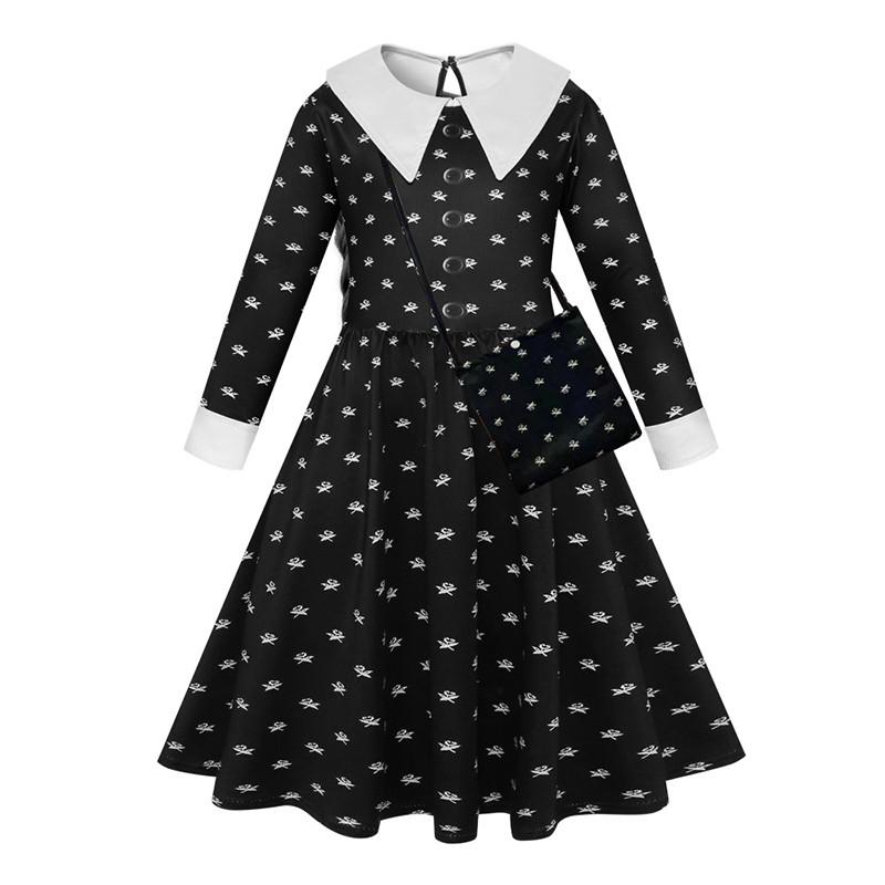 Wednesday Addams Cosplay Flower Print Dress - Girls Halloween Costume