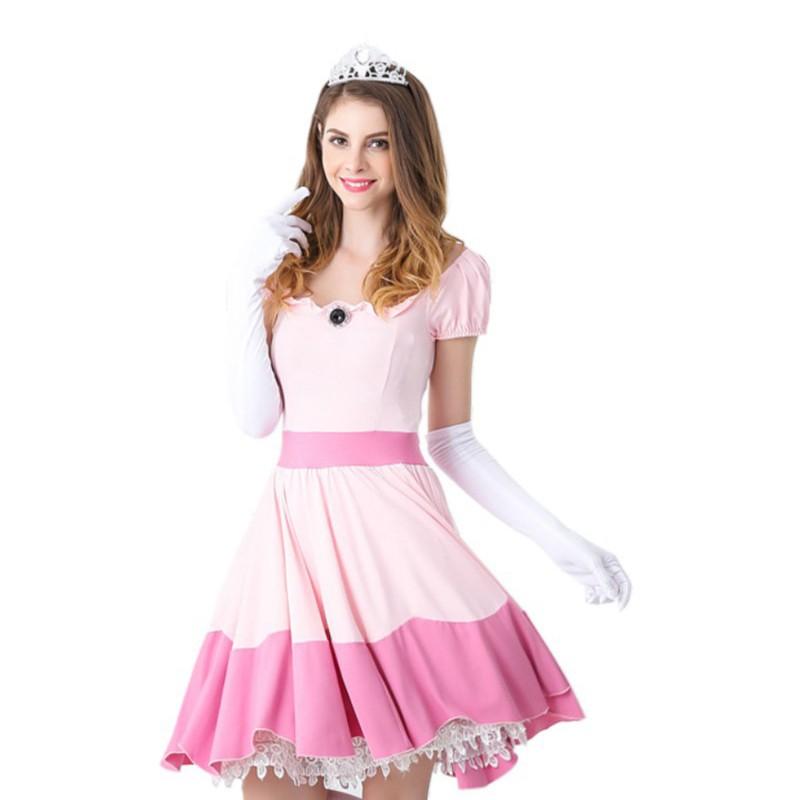 Princess Peach Outfit with Pink Dress, Crown Headband, and Gloves