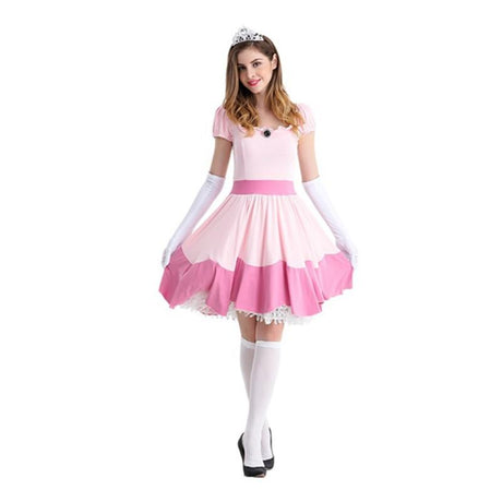 Princess Peach Outfit with Pink Dress, Crown Headband, and Gloves