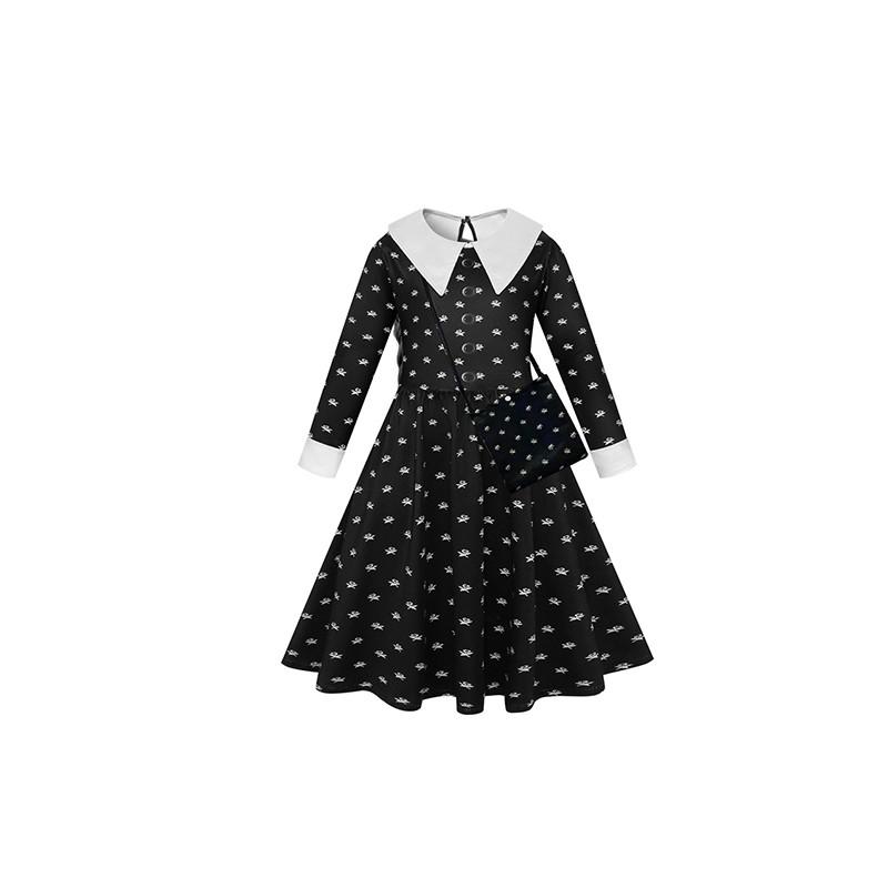 Wednesday Addams Cosplay Flower Print Dress - Girls Halloween Costume