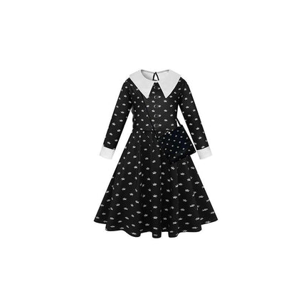 Wednesday Addams Cosplay Flower Print Dress - Girls Halloween Costume