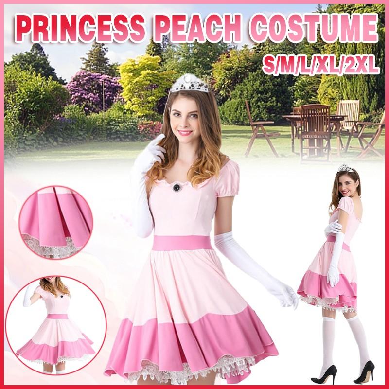 Princess Peach Outfit with Pink Dress, Crown Headband, and Gloves