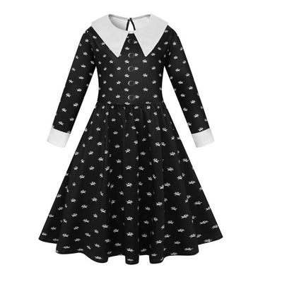 Wednesday Addams Cosplay Flower Print Dress - Girls Halloween Costume