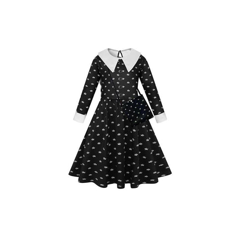Wednesday Addams Cosplay Flower Print Dress - Girls Halloween Costume