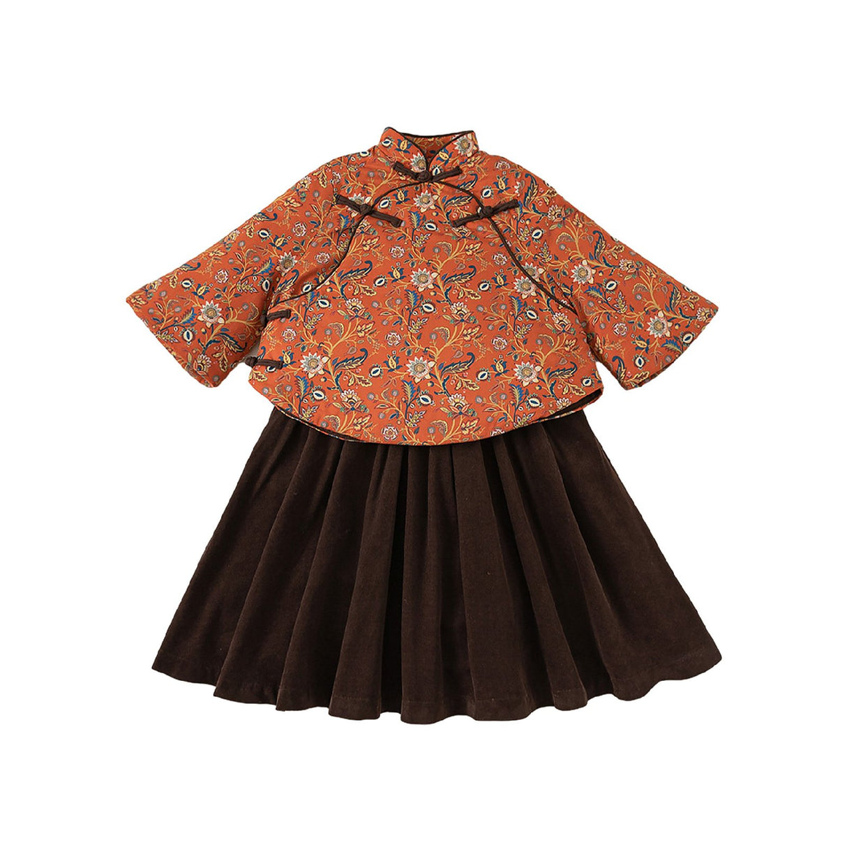 Girls' New Chinese Style Winter Oriental Floral Top & Velvet Skirt Set