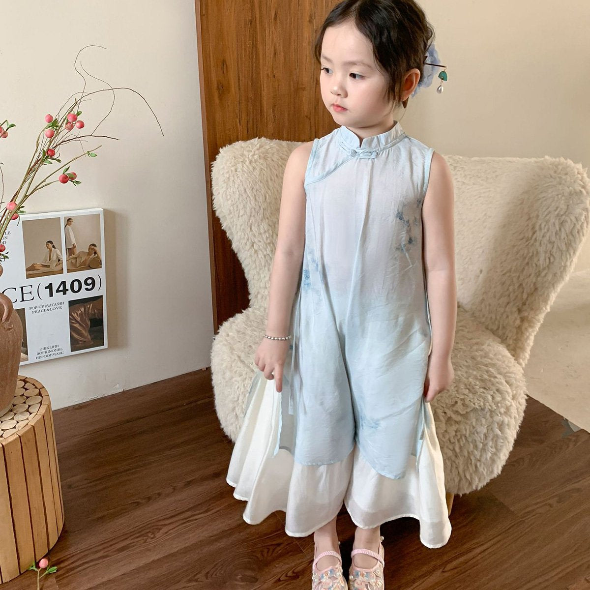 Girls' Floral Two-Piece Cheongsam Dress Set