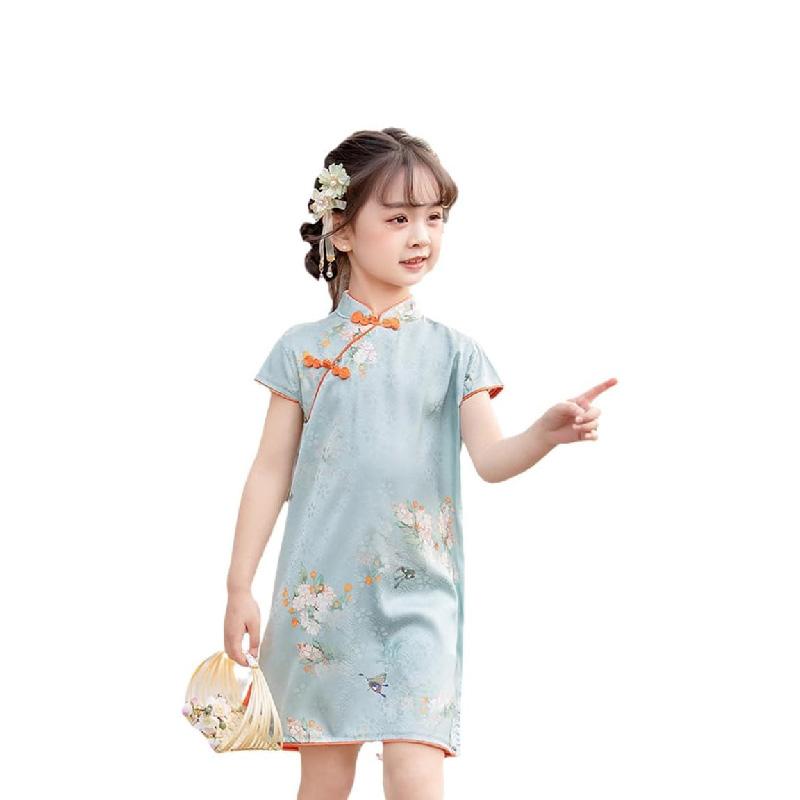 Blossoming Garden Cotton Qipao Dress for Girls with Floral Design