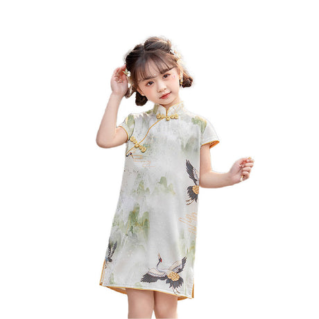 Traditional Chinese Cheongsam for Girls - Qipao Dress with Crane Motifs