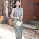 Sleeveless Blue Floral Cheongsam Dress