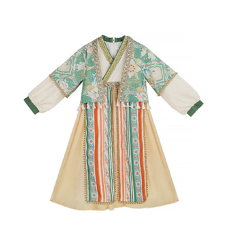 Girls Ethnic Dress Hanfu Ethnic Wear with Green and Beige Accents