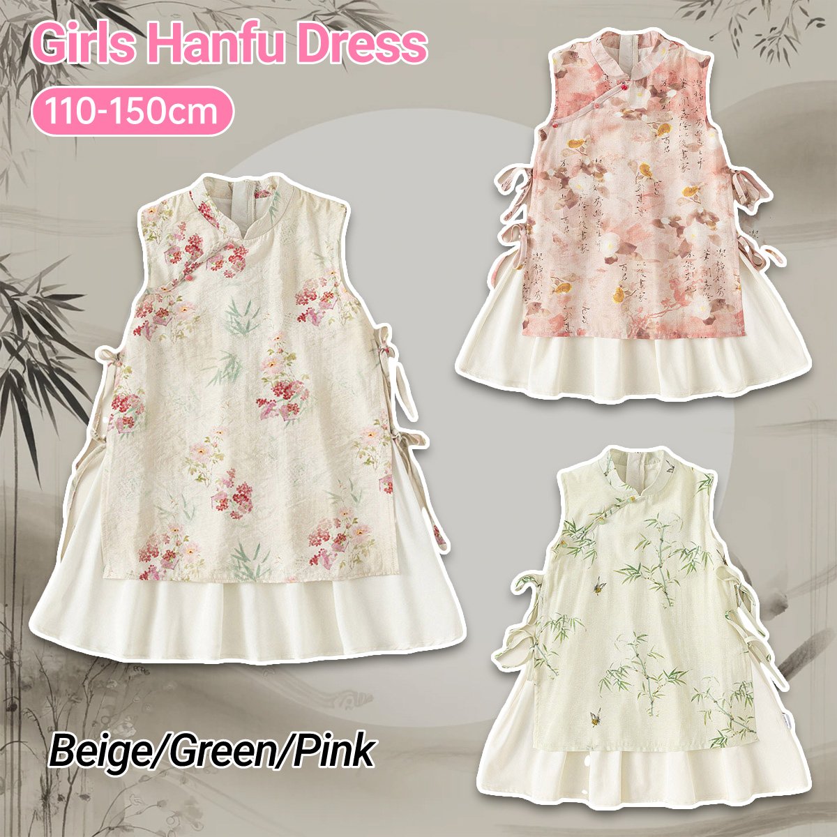 Beige Green Pink Floral Girls Hanfu Dress