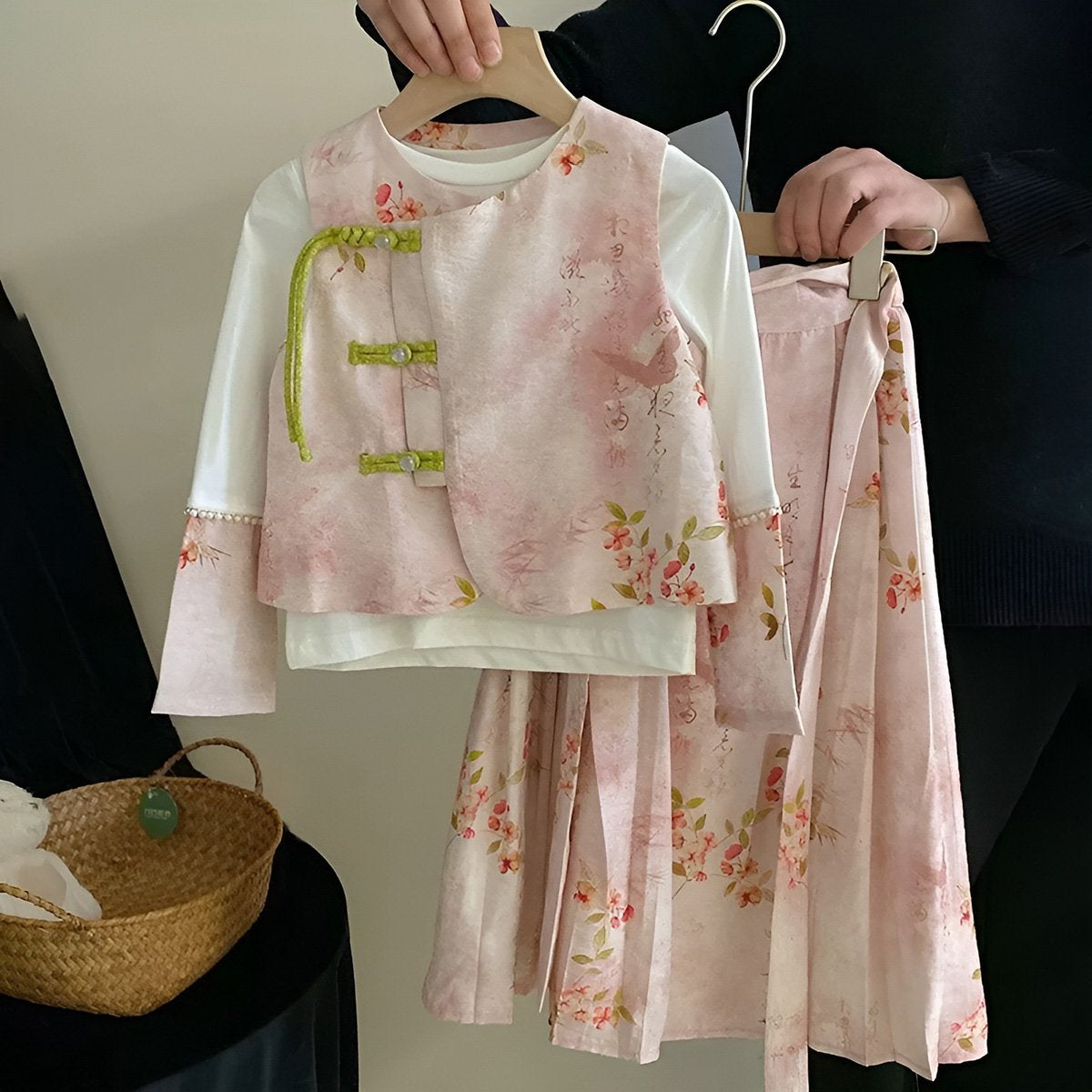 Girls Pink Floral Hanfu Three Piece Set