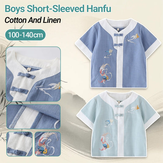 Boys' short-sleeved Hanfu top - traditional Chinese attire with embroidery in blue and light green