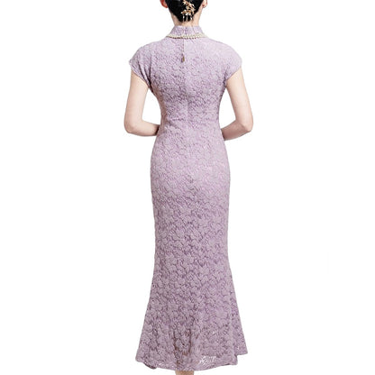 Lavender Elegant Lace Cheongsam Dress