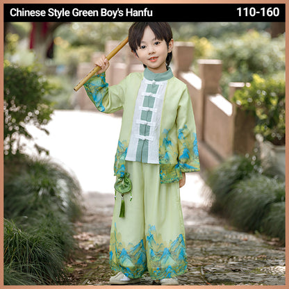 Boys' Traditional Green Landscape Painting Hanfu