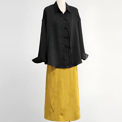 Elegant Black Blouse and Yellow Skirt Modern New Chinese Fashion Set