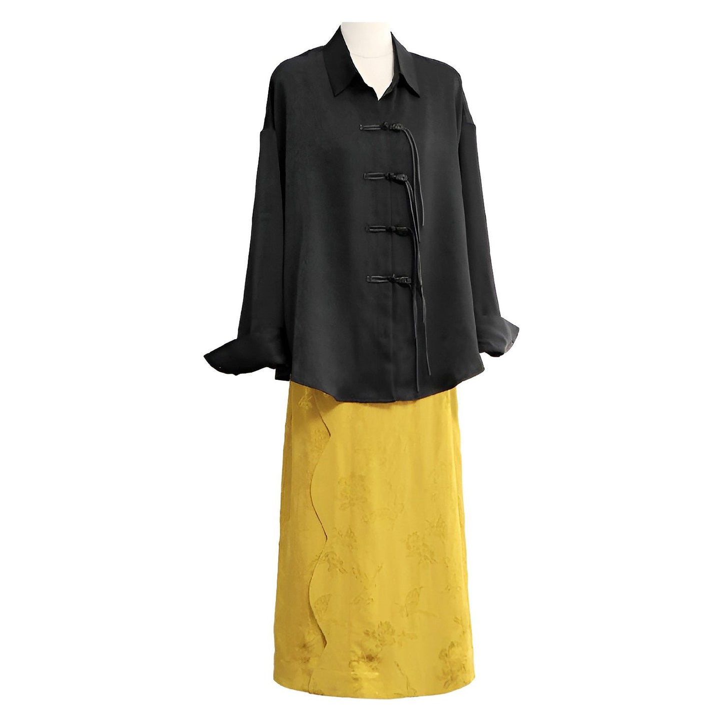 Elegant Black Blouse and Yellow Skirt Modern New Chinese Fashion Set