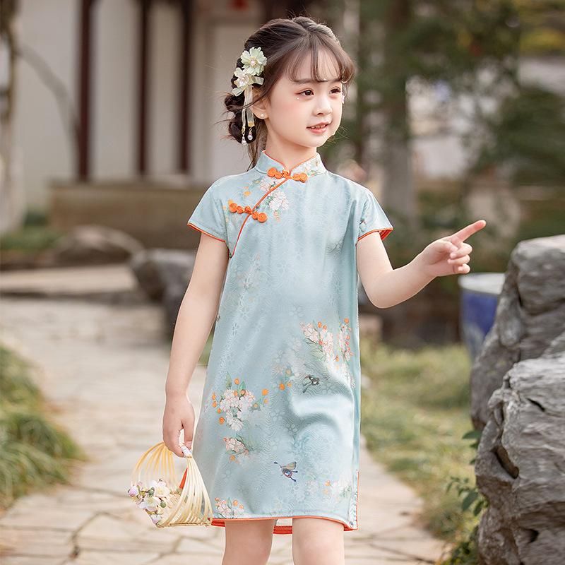 Blossoming Garden Cotton Qipao Dress for Girls with Floral Design