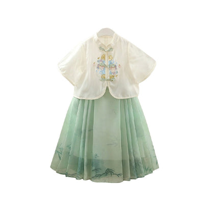 Girls Pink and Green Short Sleeve Hanfu Dress