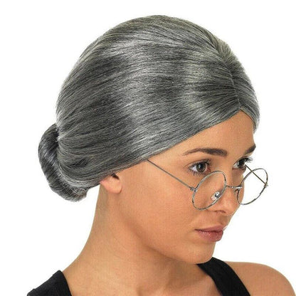 Grandma Wig Old Lady Woman Grey Silver Granny Mother Dress Up Costume Part AU - Aimall