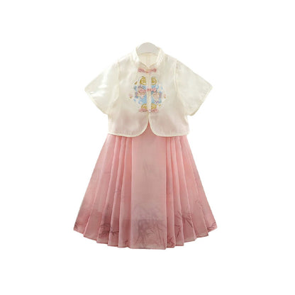 Girls Pink and Green Short Sleeve Hanfu Dress