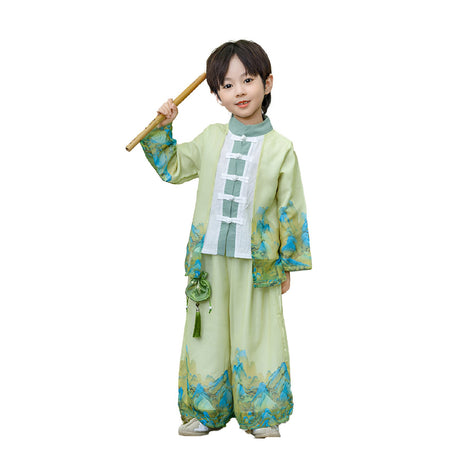 Boys' Traditional Green Landscape Painting Hanfu