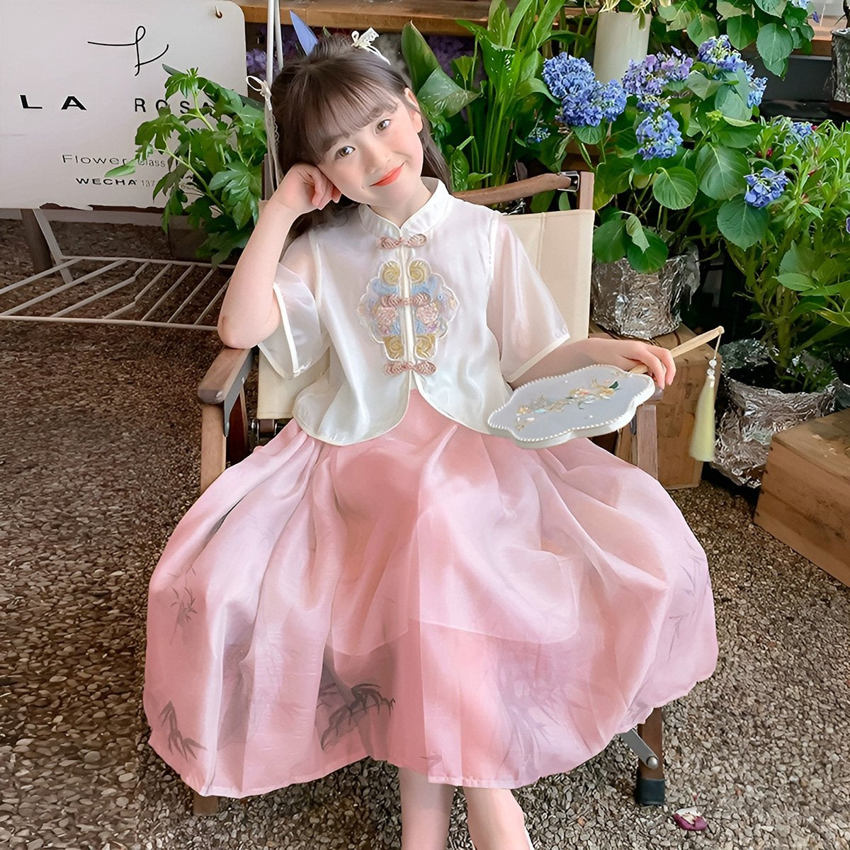 Girls Pink and Green Short Sleeve Hanfu Dress