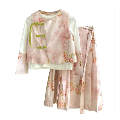 Girls Pink Floral Hanfu Three Piece Set