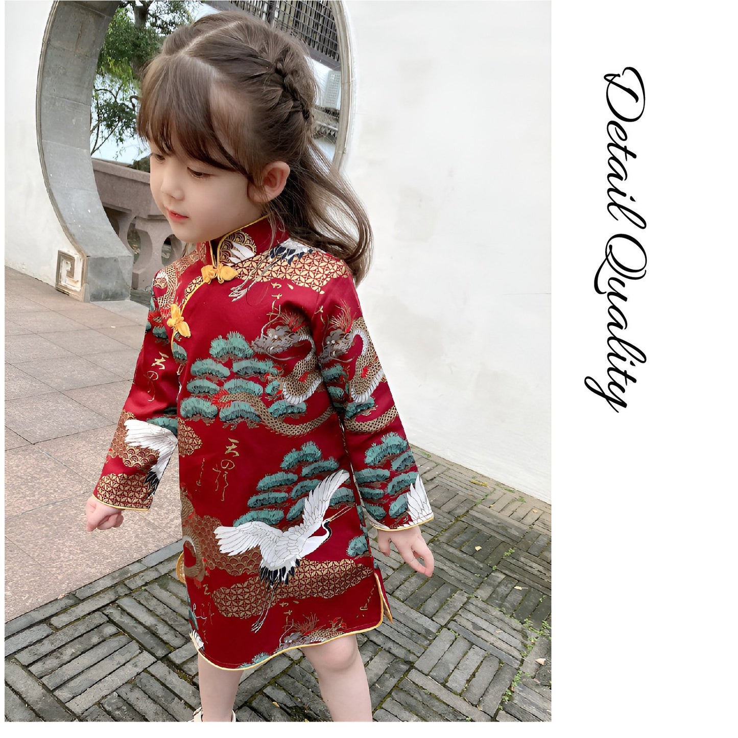 Red New Year dress cheongsam for kids with dragon and crane embroidery