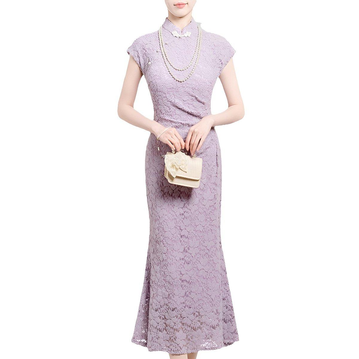 Lavender Elegant Lace Cheongsam Dress