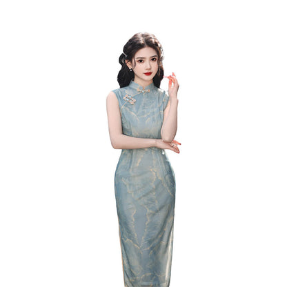 Sleeveless Blue Floral Cheongsam Dress