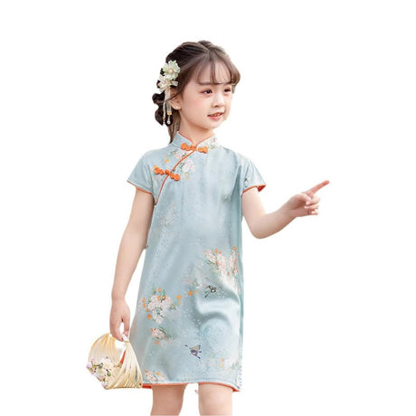 Blossoming Garden Cotton Qipao Dress for Girls with Floral Design