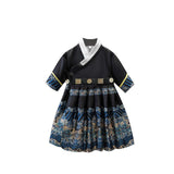 Traditional Chinese New Year Outfit Hanfu for kids in red and navy blue with gold patterns