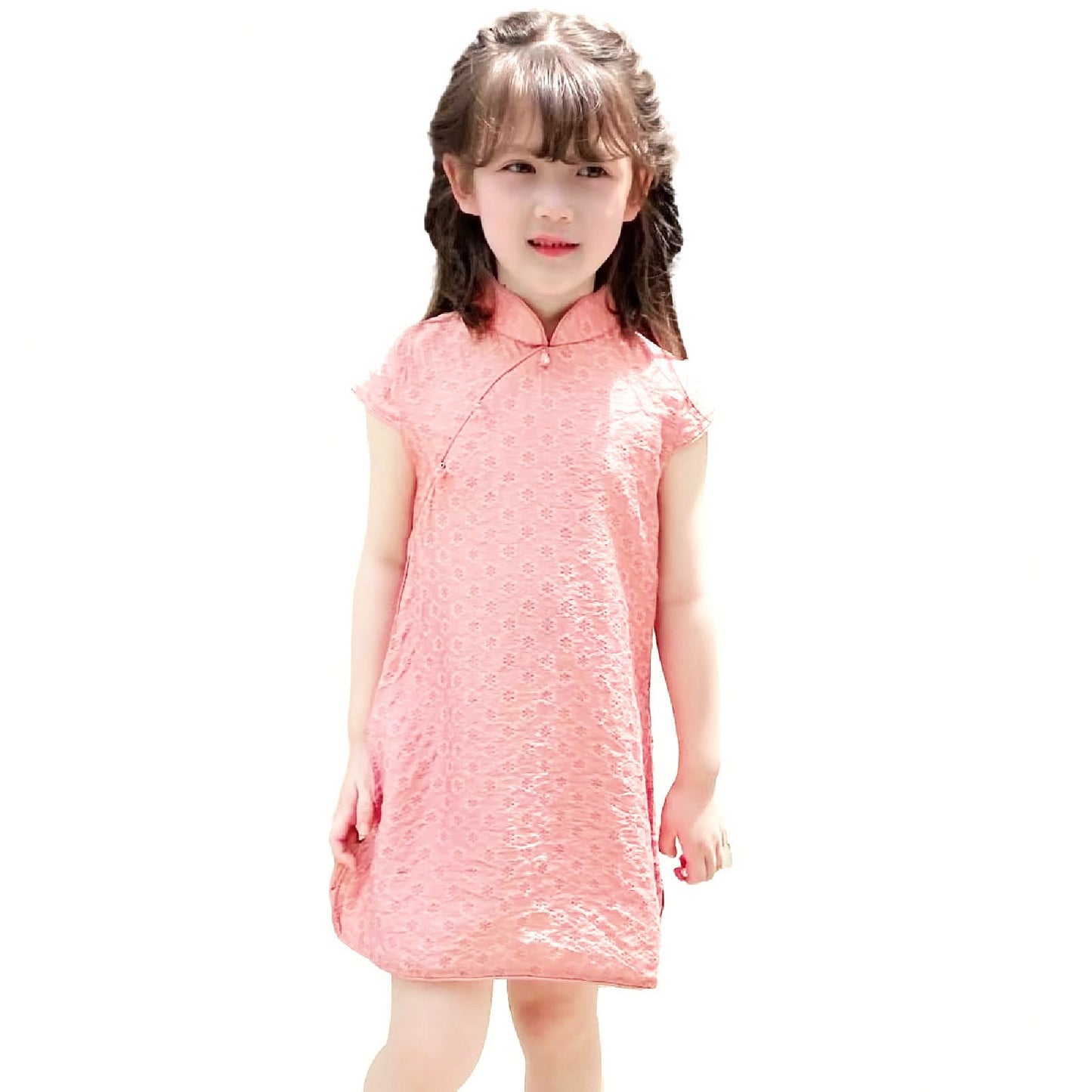 Pink Chinese dress cheongsam for girls with floral patterns